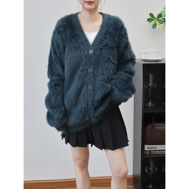 V-neck imitation mink velvet knitted cardigan autumn and winter new loose and gentle wind soft waxy sweater jacket women