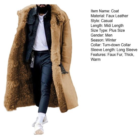 Men Winter Overcoat Faux Fur Thicken Long Sleeves Pockets Solid Color Warm Midi Length Plus Size Buttons Outdoor Coat for Camping
