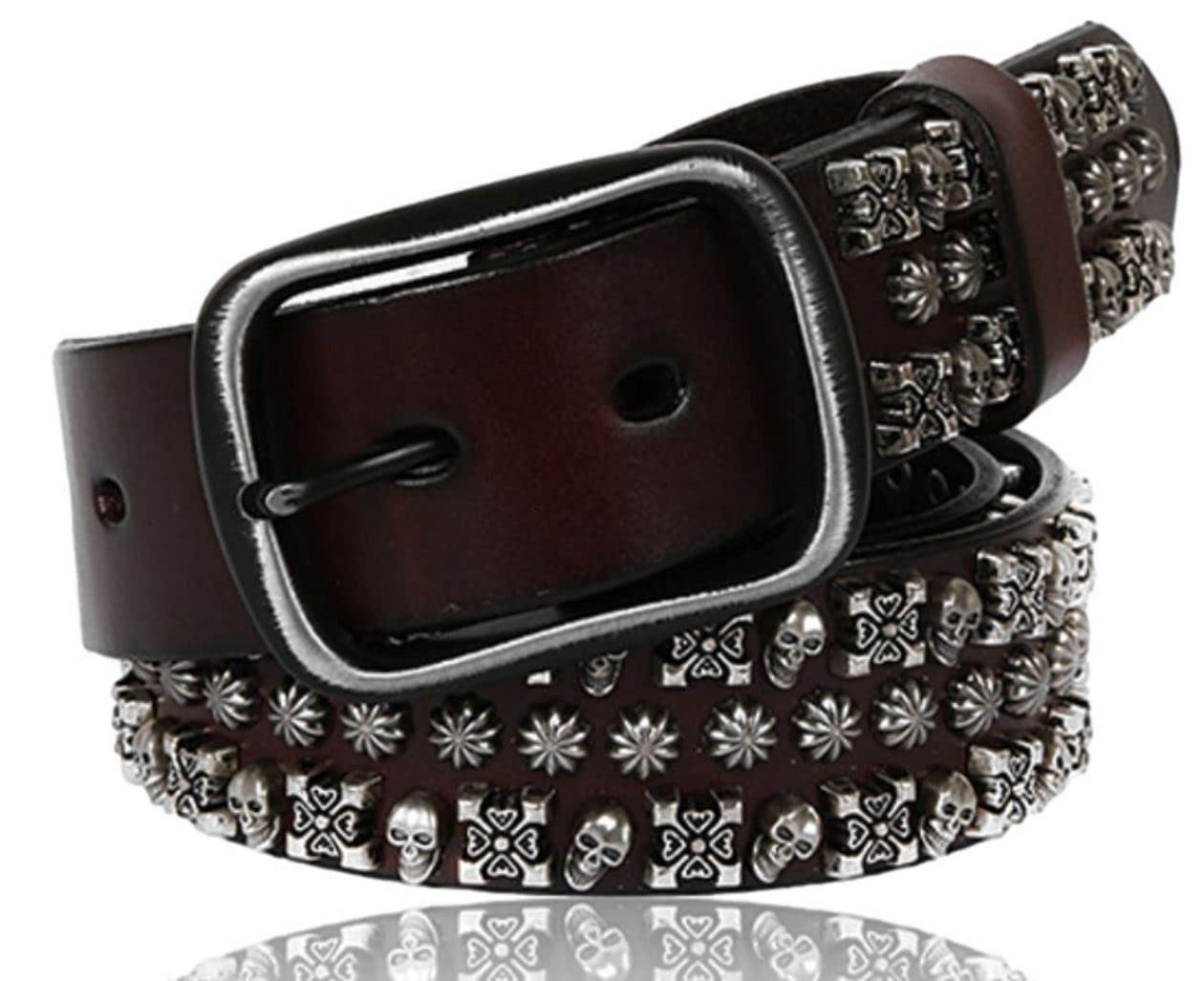 [Laquest] Skull Stud Belt for Men, Genuine Leather, Skull Studs, Leather, Rock, Metal, Visual Kei, Punk, Buckle (2. Brown)