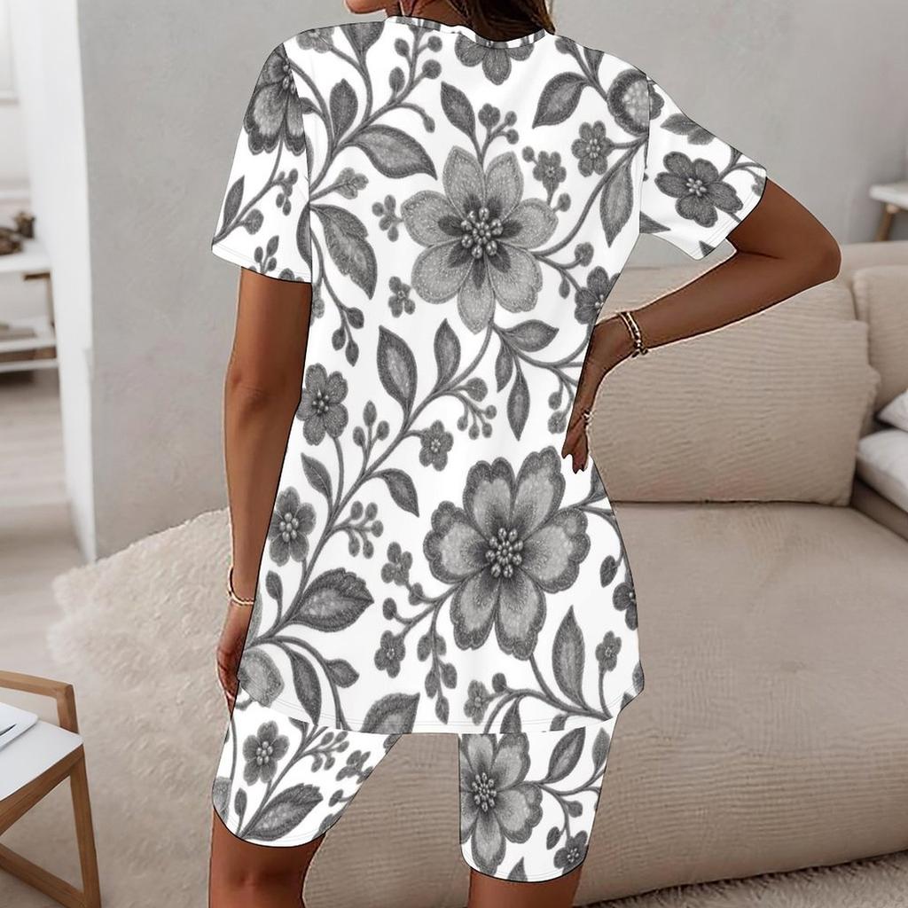 Women Plus Size Floral Printed Round Neck Short Sleeve Longline Top Fitted Shorts Two Piece Set