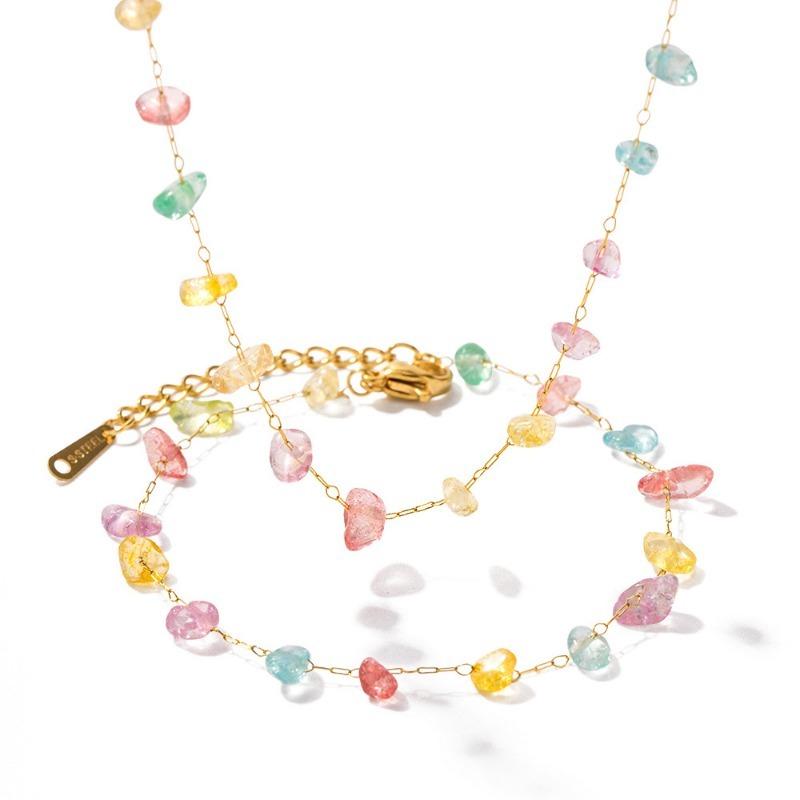 Women Colored Natural Stone Beaded Necklace And Bracelet Set Light Luxury Fashion Jewelry