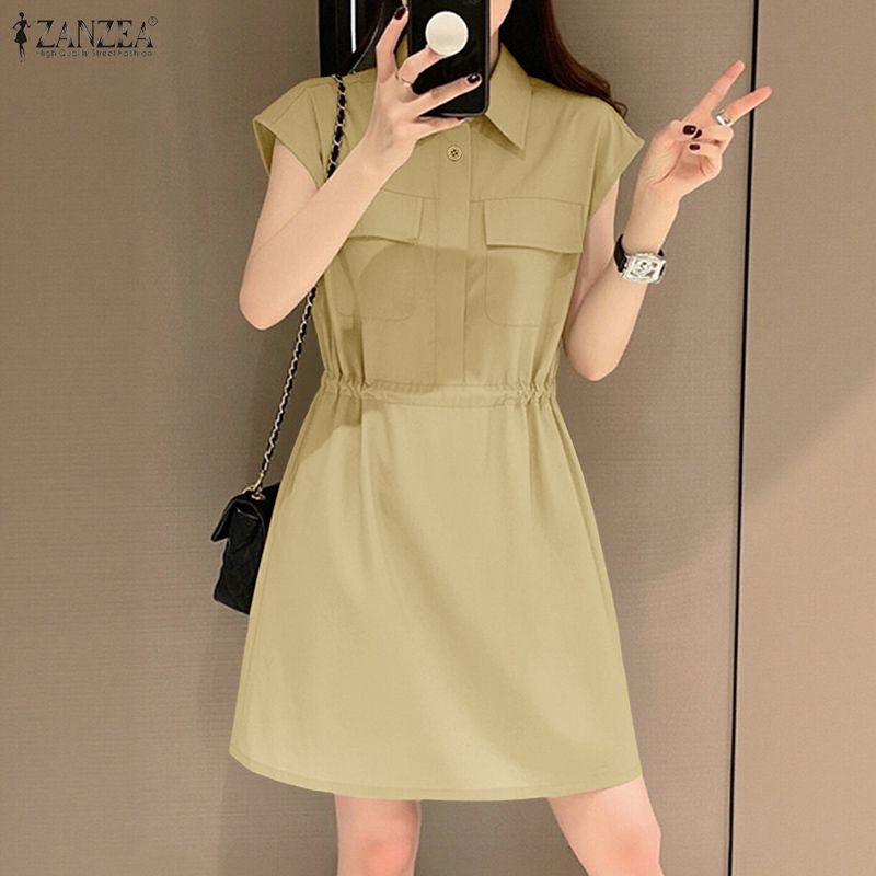 ZANZEA Women Casual Turn Down Collar Summer Short Sleeve Shirt Dress