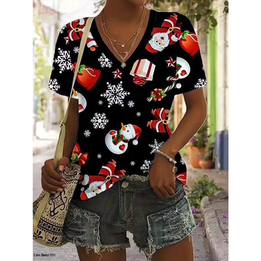 XL-7XL Plus Size Women's Men Christmas Casual 3D Print Loose V Neck Short Sleeved T-shirt Top