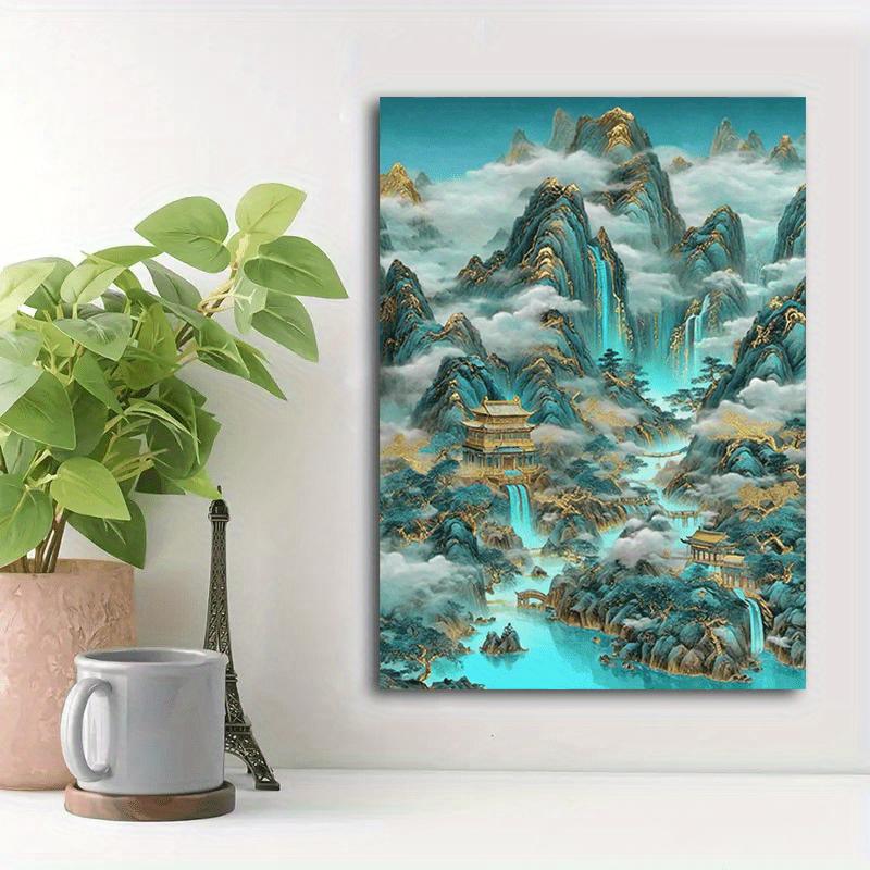 [2D Flach] 1 Stück Traditionelle Chinesische Landschaft Leinwand Wandkunst - Majestätische Berge, Wasserfälle und Pavillons, Goldener und Blauer Farbton