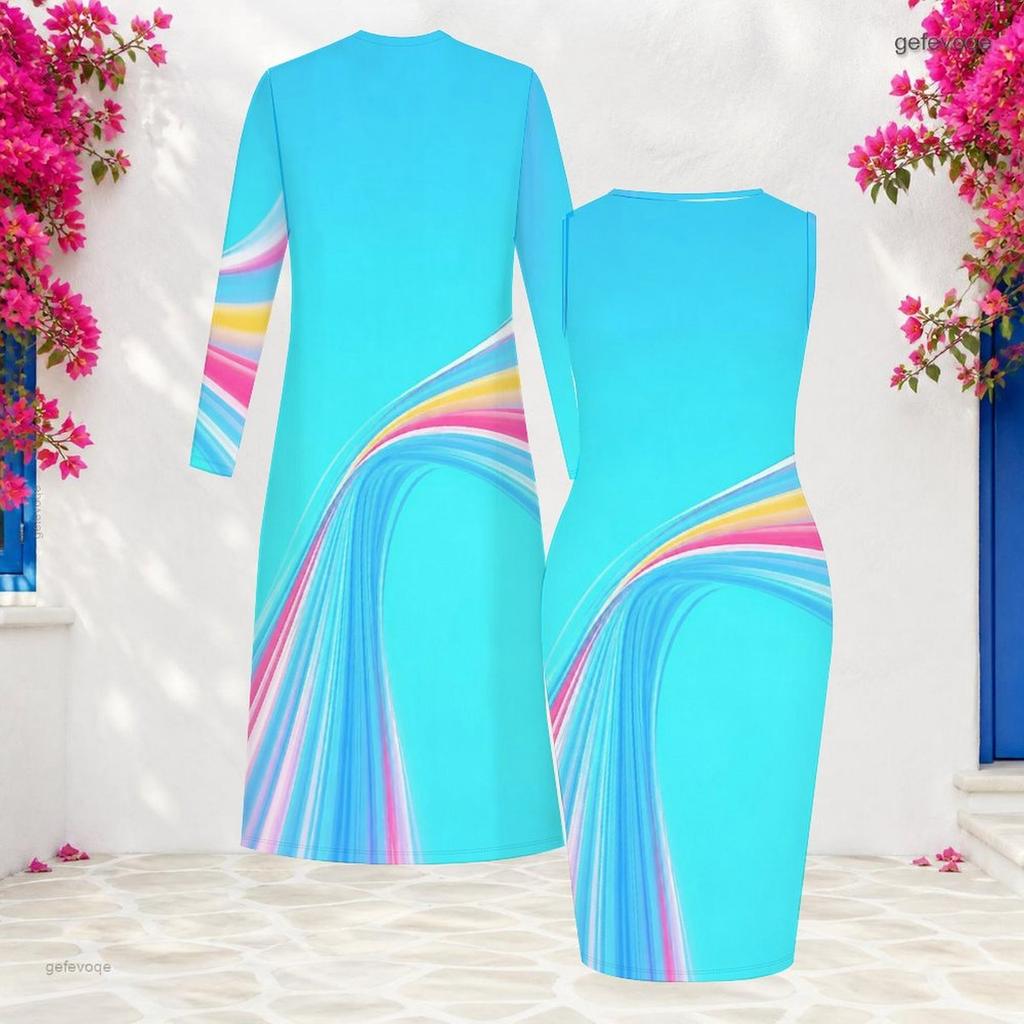 Women Plus Size Multicolor Printed Two Piece Set Sleeveless Bodycon Dress Long Sleeve Open Front Cardigan