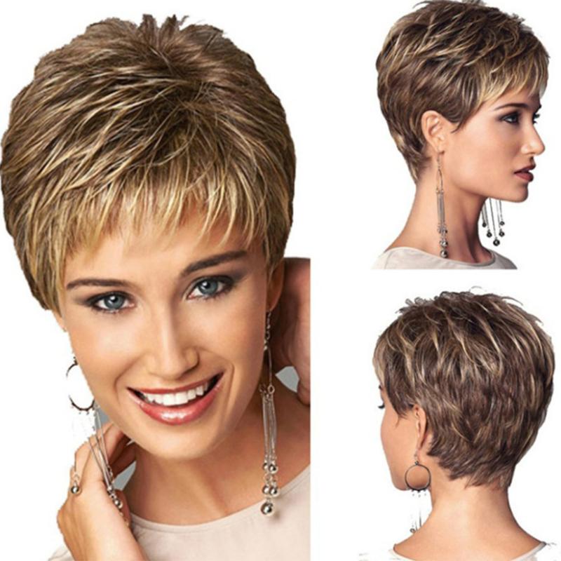 Stylish Ladies Curly Brown And Golden Short Wavy Wig With Natural Bangs For Fashion