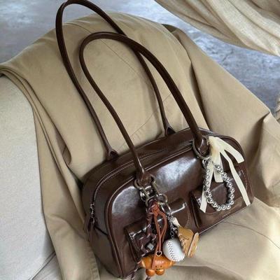 Korean Retro Brown Bowling Handbag - Large Capacity, Women's Shoulder Bag for Autumn & Winter