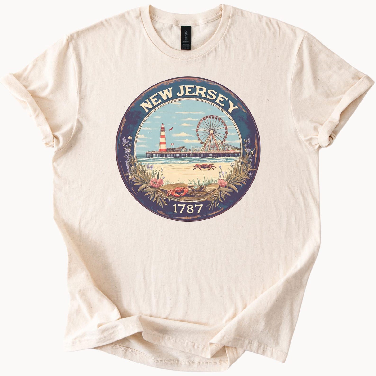 New Jersey Beach Boardwalk Lighthouse Ferris Wheel Graphic T Shirt Crab Ocean Scene 1787 State Souvenir Scenic Coastal Tee 100