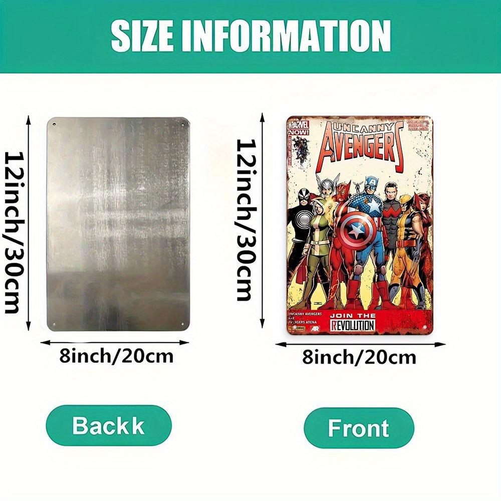 2D Flat, 1pc Marvel Uncanny Avengers Metal Wall Art - Join the Revolution, Retro Iron Sign with Iconic Superheroes, Perfect for