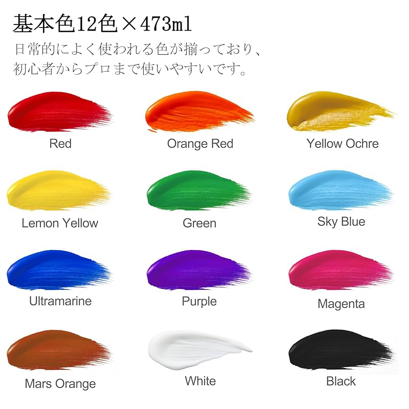 Shuttle Art acrylic paint 12 colors 473ml large capacity paint set knife With sponge quick drying Water resistant Durability Good growth vivid bottle