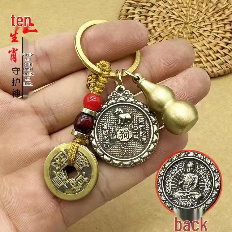 Brass Lotus Zodiac Keychain with Eight Protectors, Buddha, Gourd, and Five Emperor Coins for Wealth Blessing. Includes Sand