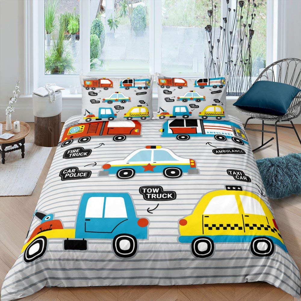 Police Car Duvet Cover Cartoon Set Car Blue Grey Emergency Responder Vehicles Polyester Quilt Cover With Pillowcases King Size