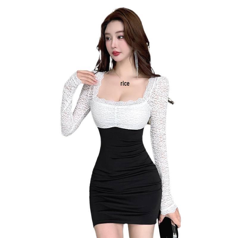 Elegant Slimming Lace Patchwork Square Neck Dress - Long Sleeve, Cinched Waist, Hip-Hugging Short Skirt