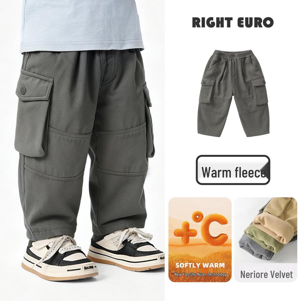 European Boys' Fleece-Lined Workwear Pants - Autumn/Winter 2025 New Collection for Toddlers and Children