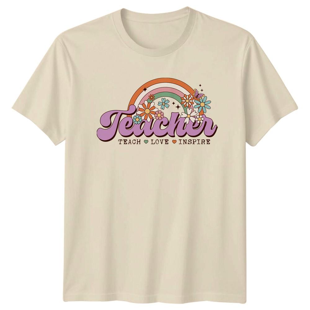 Teacher Teach Love Inspire TShirt Retro Rainbow Floral Gift Tee