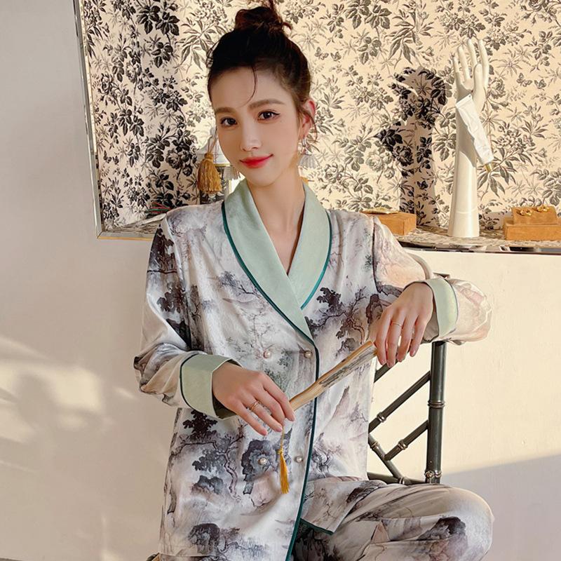 Ice Silk Lounge Wear Women's Pajamas Set Printed Lounge Clothes Long Sleeve Pants Set Loose Pajamas 2 Piece Pajamas Set