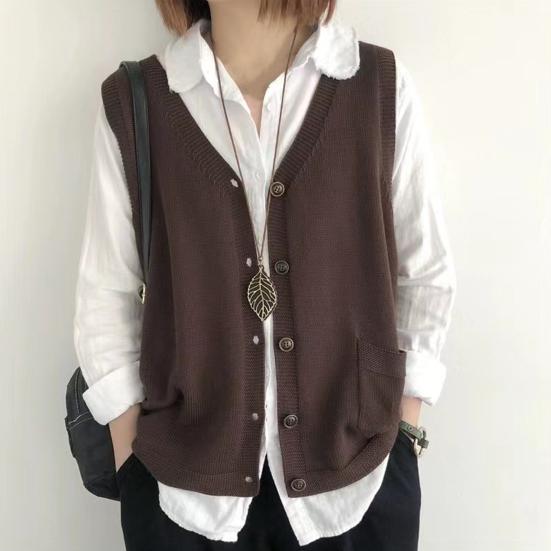 Vintage Arts Style Knitted Vest Female Solid Color Sleeveless Button V-Neck Waistcoat Women Casual Loose Knitwear Coats