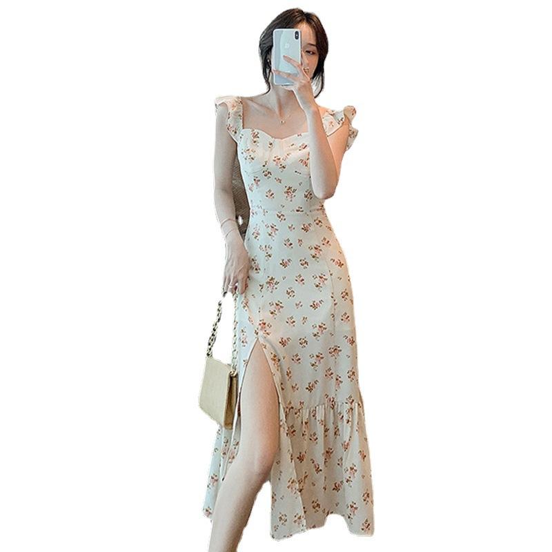 Dress new women's summer French retro waist and thin temperament floral split fork gentle wind suspender skirt