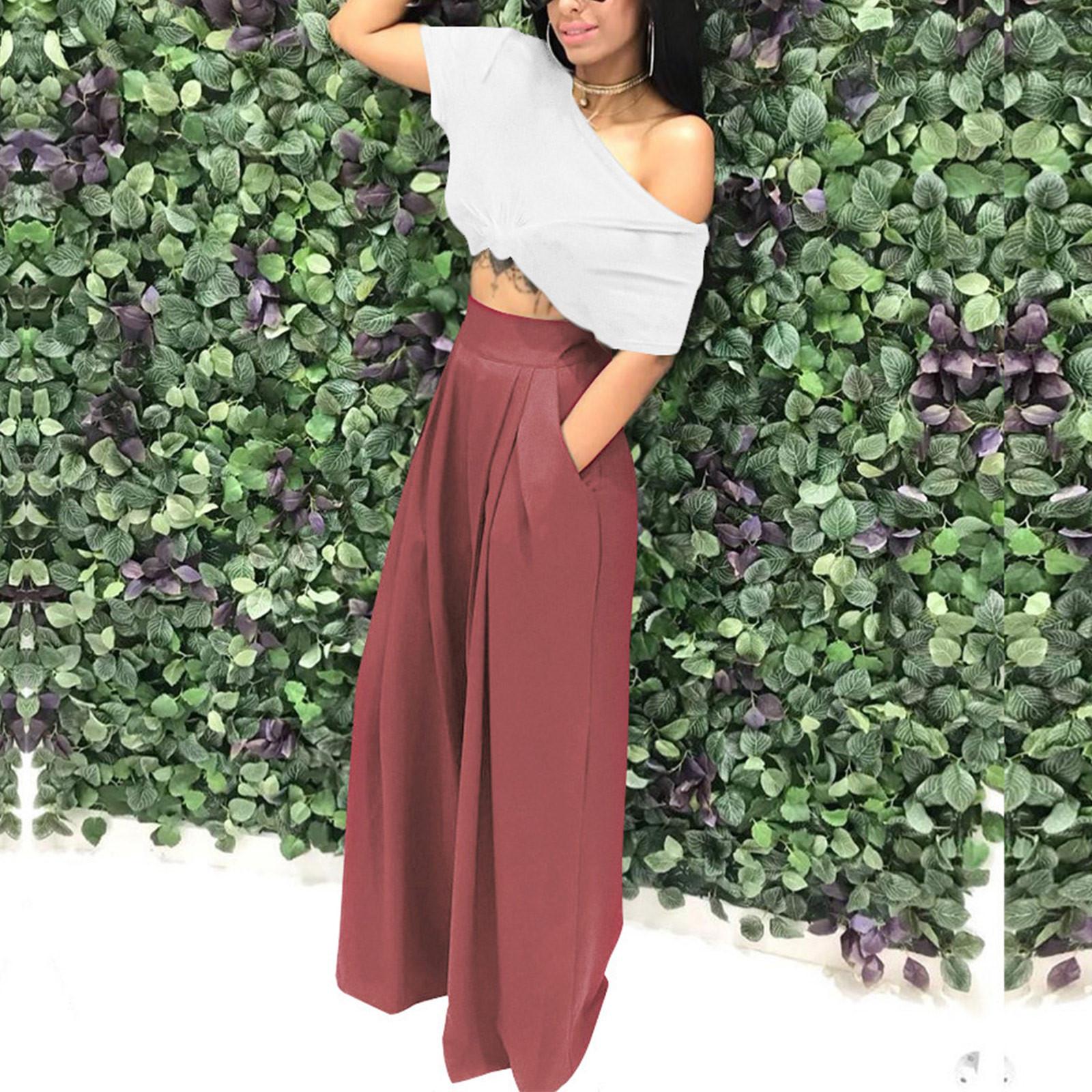 

Summer Women Fashion Plus Size High Waist Flared Wide Leg Pocket Casual Pants L
