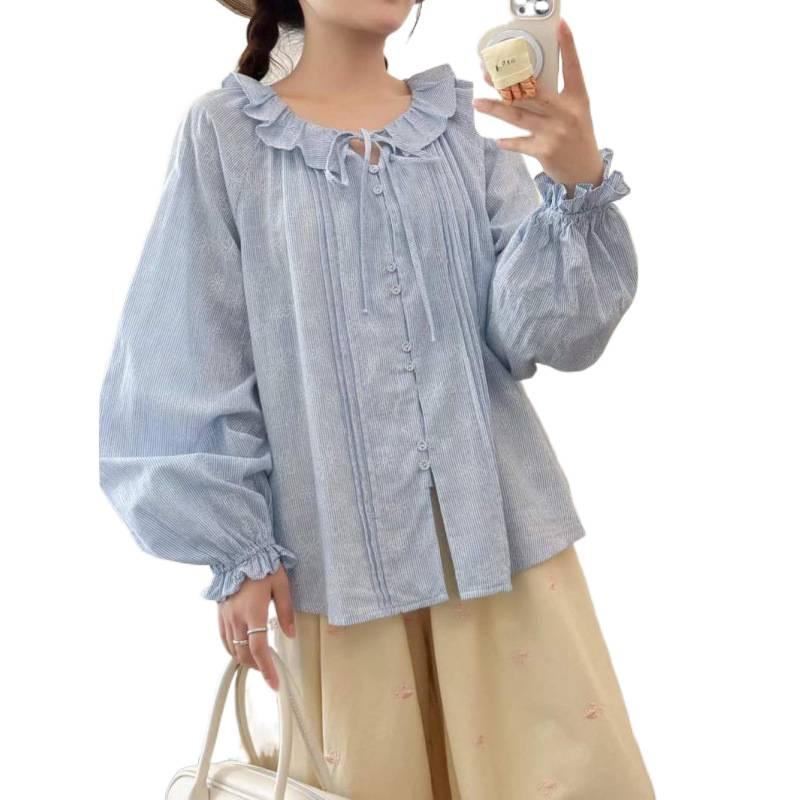 Spring 2026 Japanese Style Loose Wide Lapel Tie-Waist Pleated Women's Cardigan Shirt