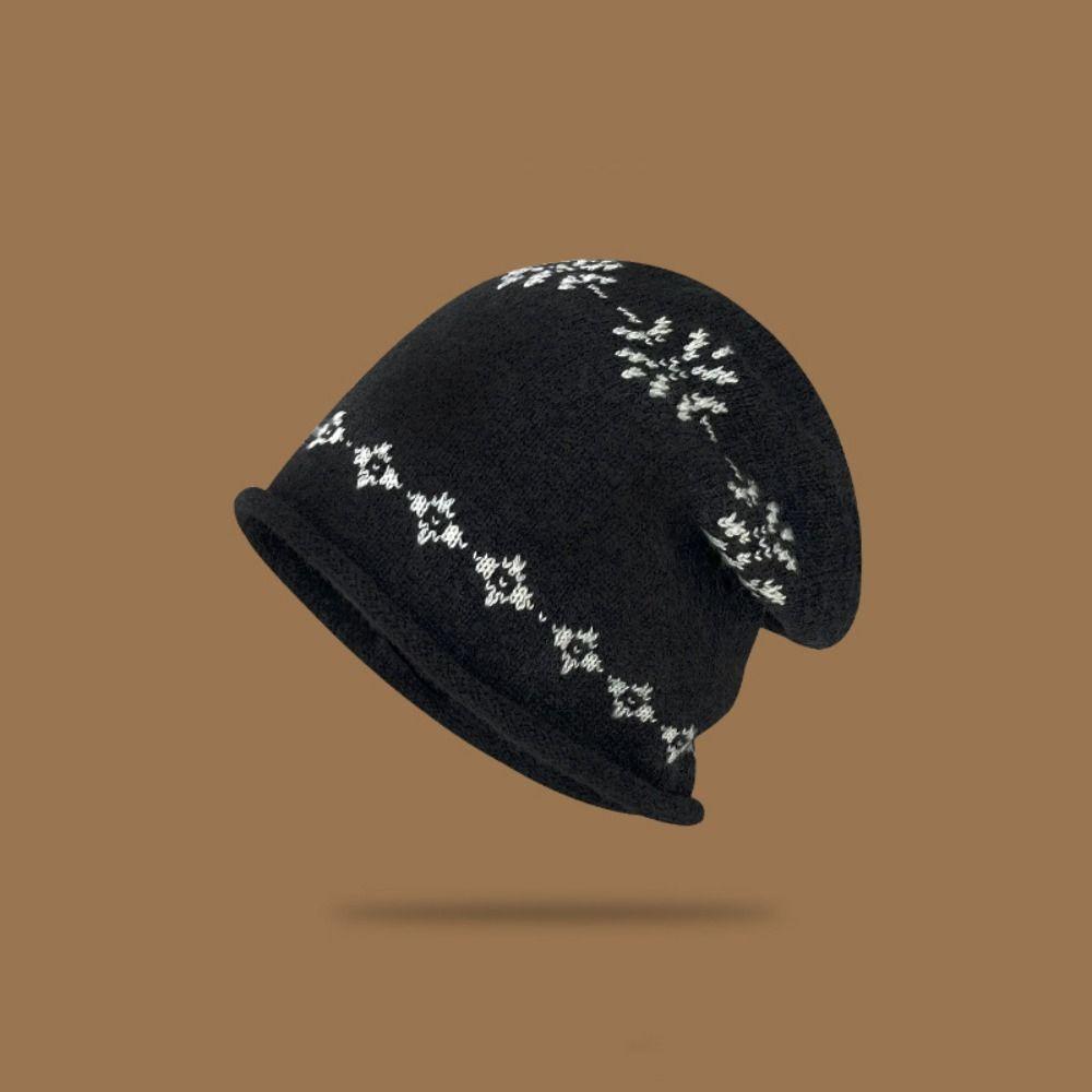 Curled Edge Fair Isle Style Beanies Warm Ear Protection Hat Casual Jacquard Knitted Hat Outdoor