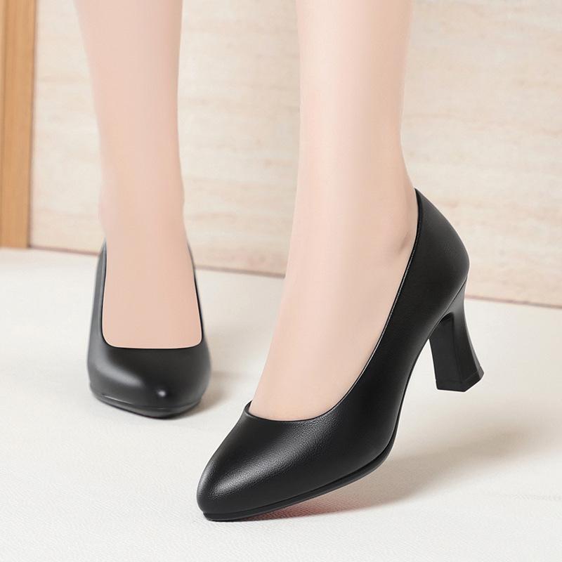 Professional Commuter Shoes, Mid-to-high Heels, Versatile Formal Leather Shoes, Women's Black Work Shoes