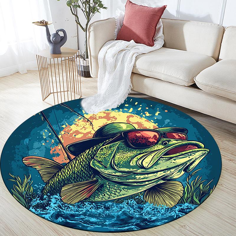 Bass Fish Round Area Rug,Carpet Rug for Living Room Bedroom Sofa Playroom Decor,Non-slip Floor Mat