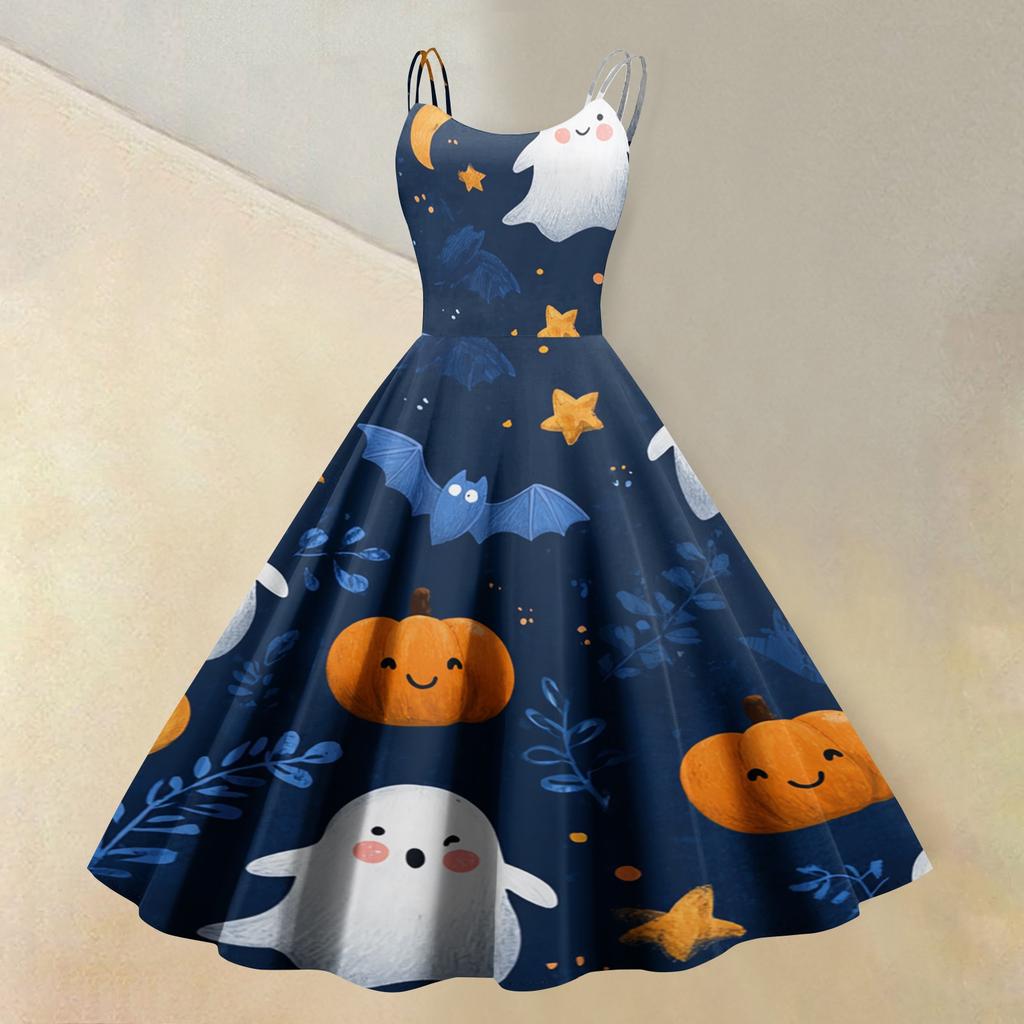 Women's Sleeveless Halloween Print Dress Vintage Style Round Neck Casual Fit and Flare Midi Dress with Spaghetti Straps and Festive Pattern