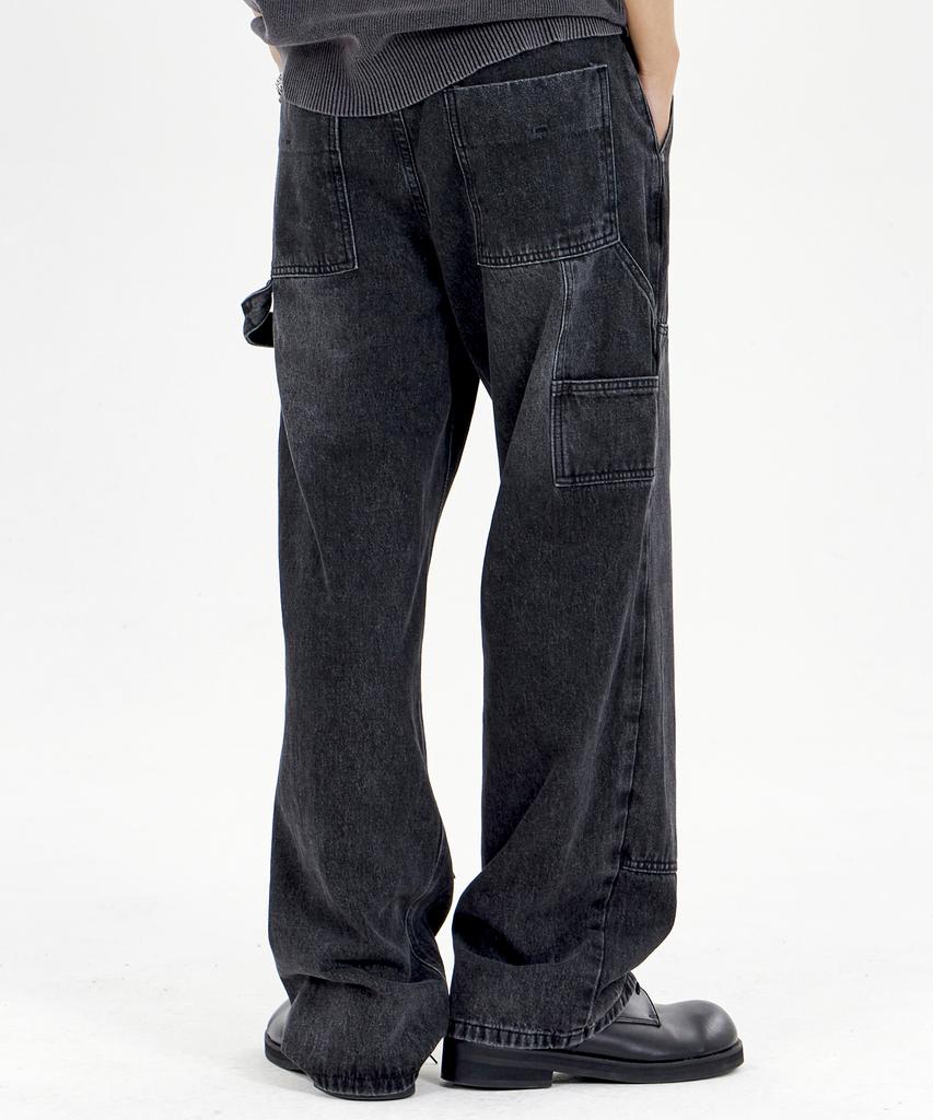 Biel Double Knee Carpenter Vintage Washed Work Denim Pants Black