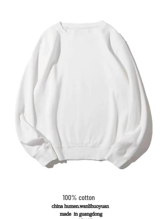 Spring Crew Neck Sweatshirt: Drop Shoulder, Solid Color, Long Sleeve, Logo-Printed Workwear.