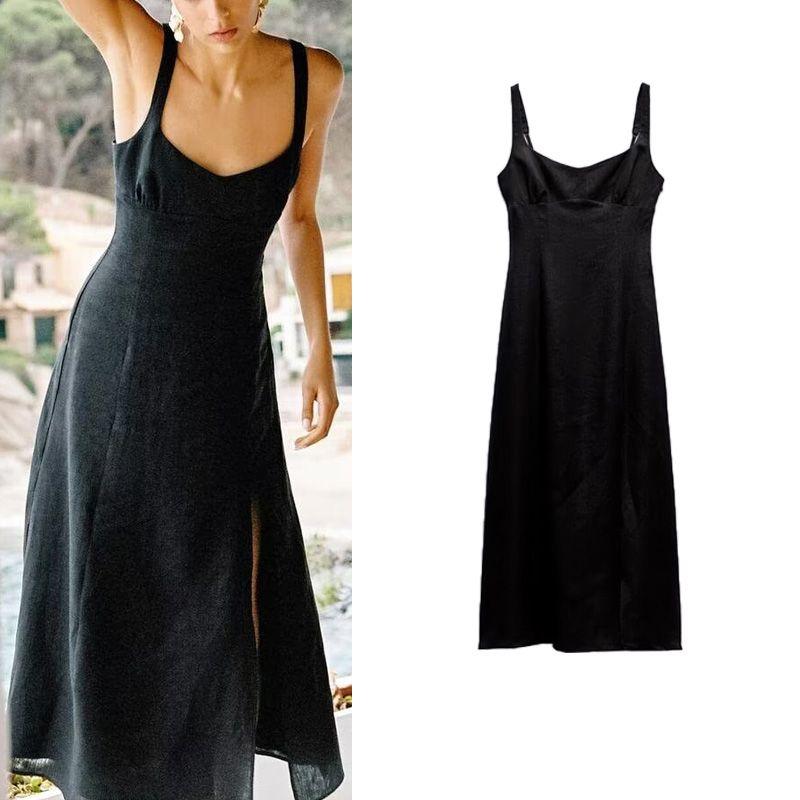 Spring New Temperament Sexy round Neck Open Back Bottom Slit Linen Blended Shoulder Strap Length Dress 3314354
