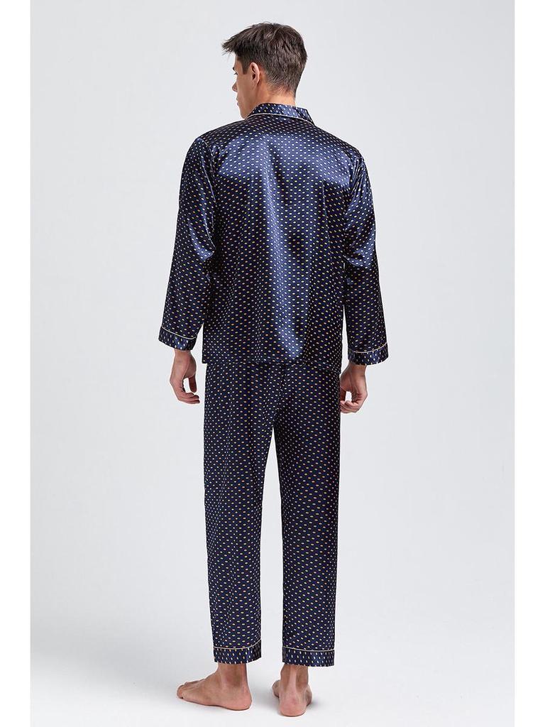 Men's Silk Print Pajamas Set - Long Sleeve Ice Silk Sleepwear for Spring/Summer, Plus Size Available