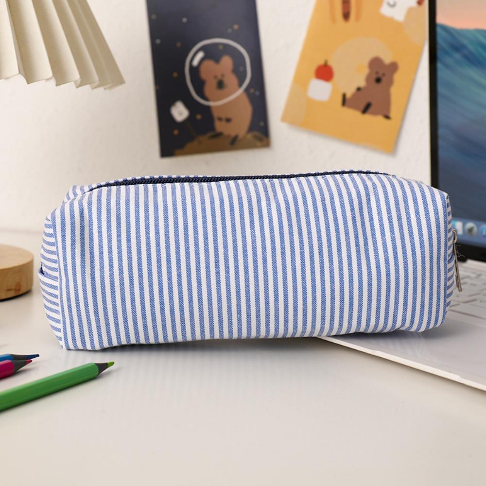 Stripe Design Pen Bag Seersucker Pen Pouch Simple Stationery Organizer  Back to School