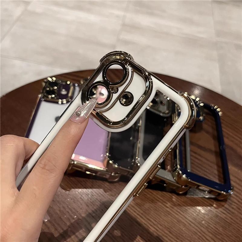 For iPhone 16 Pro Max Luxury Plating Color Soft Frame Transparent Phone Case For iPhone 12 13 14 15 Plus Lens Protective Cover