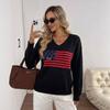 Women's European V-Neck Knit Sweater - 2026 Flag Pattern, Long Sleeve Pullover for Autumn/Winter