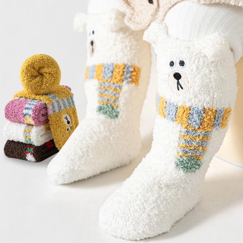 Children Autumn Winter Socks Bear Coral Fleece Warm For Cute Kawaii Girls Boys Socks Thickened Soft Socks Home Floor Bear Socks