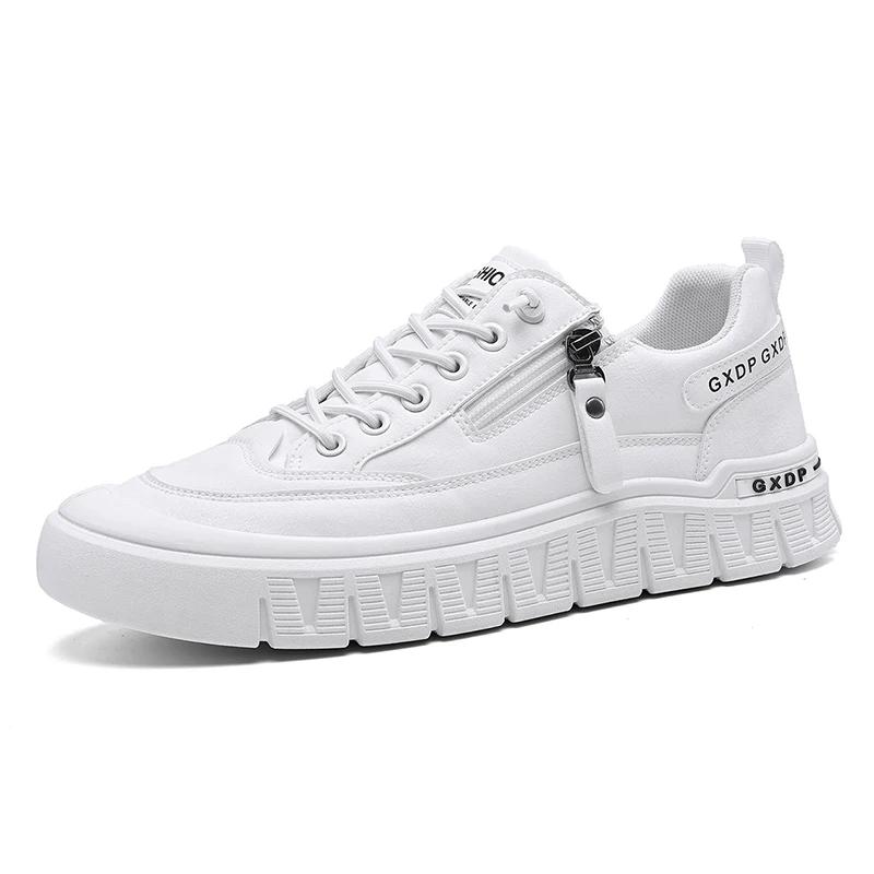 

Летние новинки 2025 года Водонепроницаемая кожаная обувь на молнии сбоку, Дышащая, Повседневная, На плоской подошве, С низким верхом, С круглым носком, Высококачественная спортивная обувь 39 белый