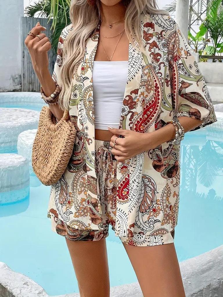 2025 Elegant Two-Piece Vacation Print Set: Short Sleeve Tie-Waist Shirt & High-Waist Shorts
