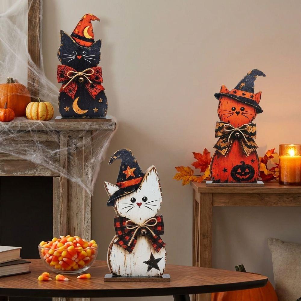 3Pcs Autumn Vintage Black Cat Tabletop Sign Retro Witch Hat Cat Table Ornament Halloween Atmosphere
