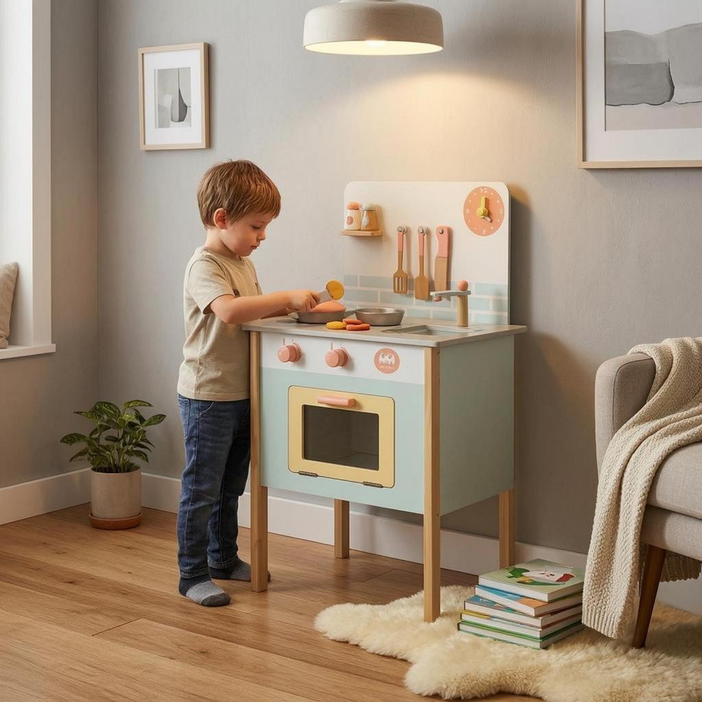 Wooden Play Kitchen Freestanding Toy Set Utensil Accessories Young Cooks Playset Blue