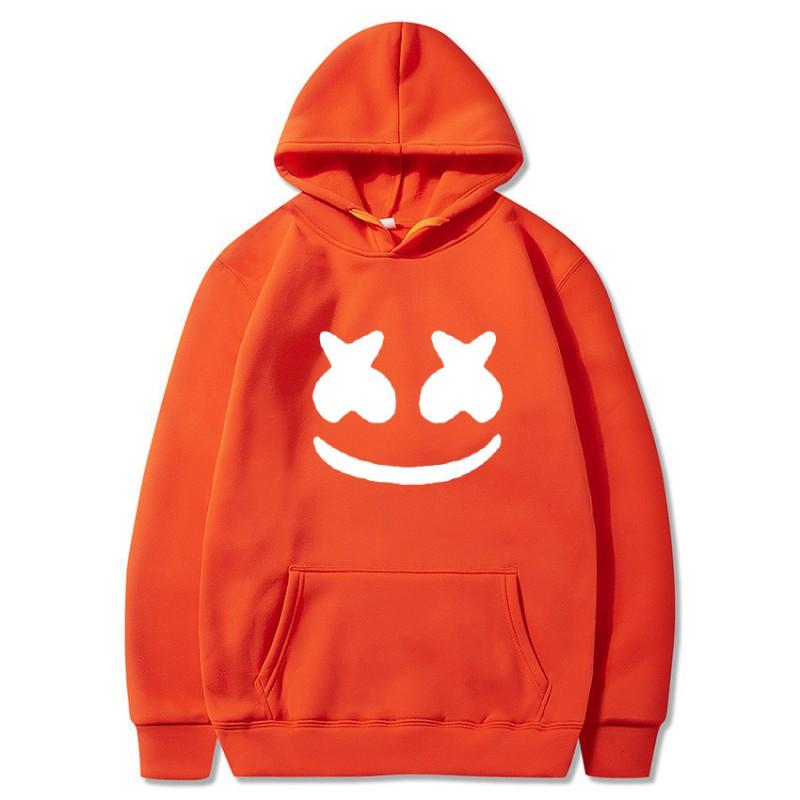 Mens Marshmello Smiley Face Hooded Sweatshirt Loose Fit Cotton Blend Winter Pullover