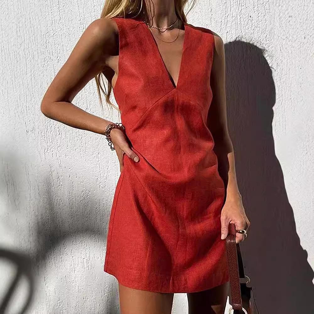 Women V Neck Sleeveless Mini Dress Casual Solid Color Summer Dress