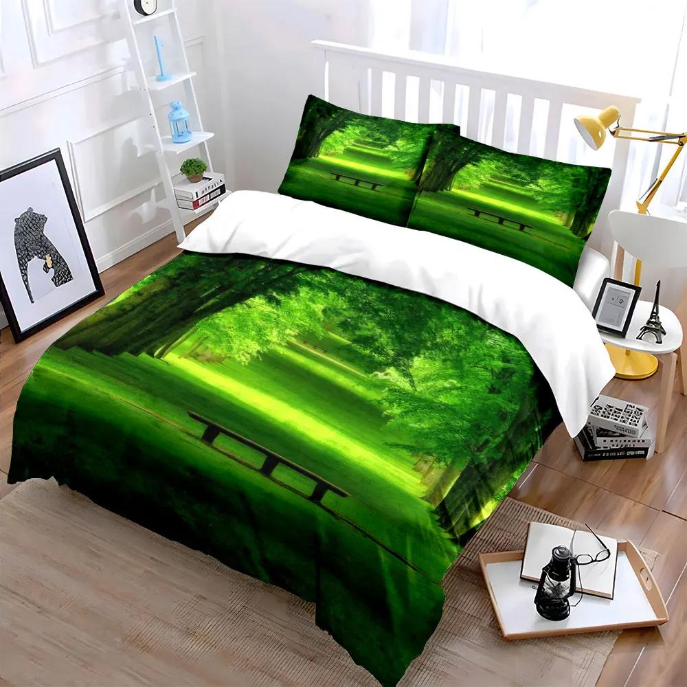 Green Landscape Decoration Set Bedding Set with 1 Duvet Cover 2 Pillowcases Single Double King Queen Gift