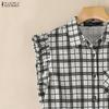 ZANZEA Women Casual Turn Down Collar Sleeveless Plaid Print Blouse