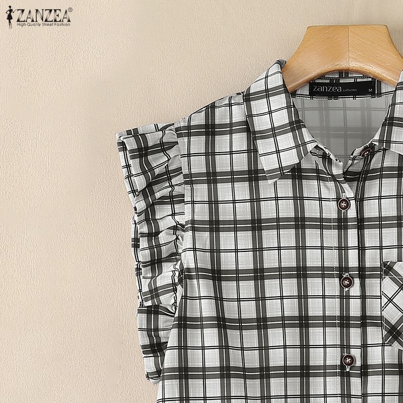 ZANZEA Women Casual Turn Down Collar Sleeveless Plaid Print Blouse
