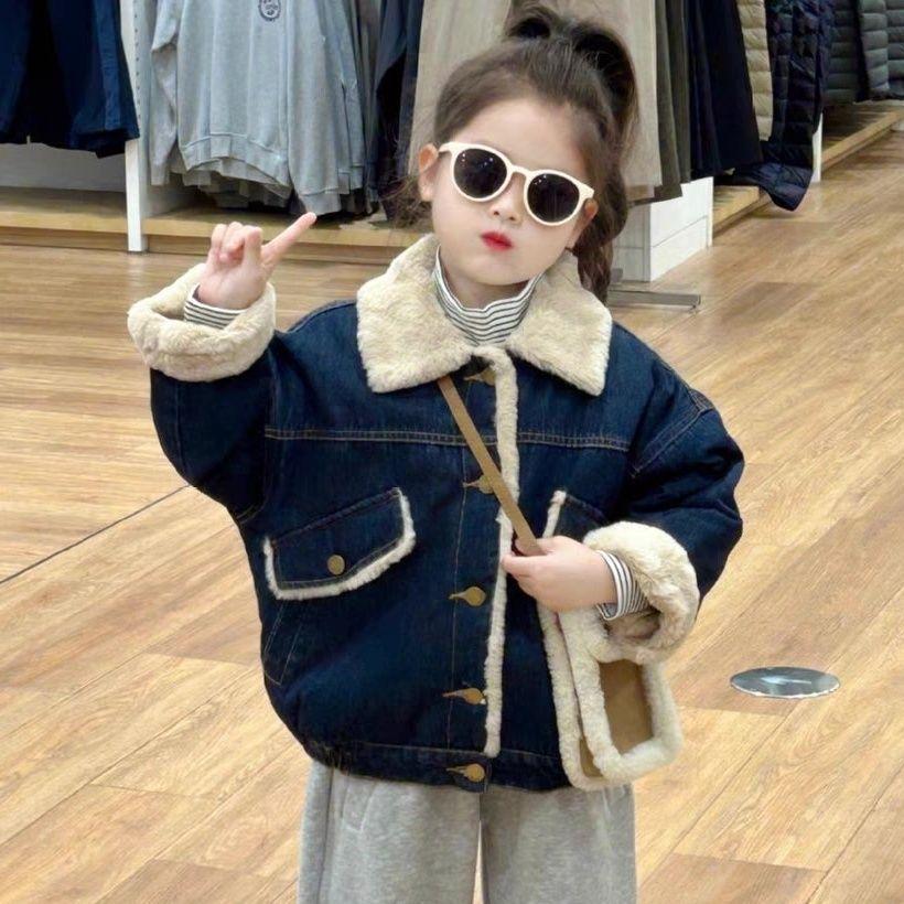 2024 Girls' Winter Fleece-Lined Denim Jacket & Pants Set