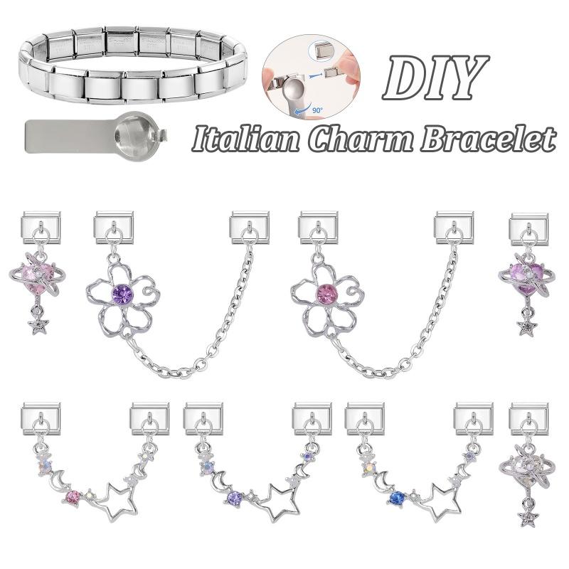 Fashion Crystal Heart Star Flower Moon Tassel Chain Pendant Italian Charm Link Fit 9mm Bracelet Stainless Steel Women DIY Making