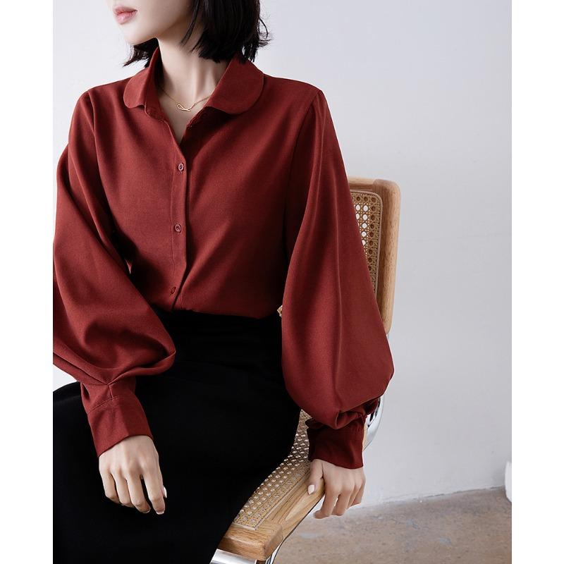Spring Autumn New Korean Fashion Simple Shirt Fashion Women Lantern Long Sleeve Loose Office Blouse Doll Collar Top Casual Loose Simple Clothes 2595