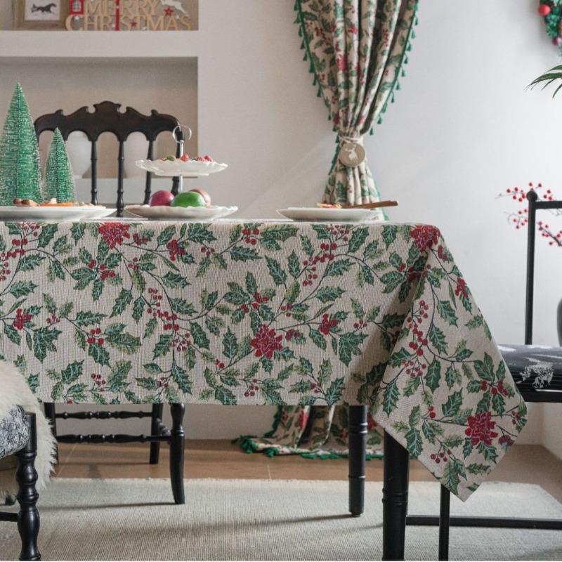 1PC Tablecloth Jacquard Christmas Contrast Holly Table Cloth Holiday Versatile Rectangle Home Decoration Home Textiles