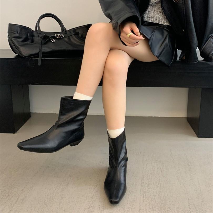2025 Autumn Low Heel Boots Square Head Short Boots French Temperament Slope Heel Short Boots Solid Color Straight Boots